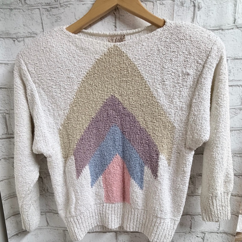 Vintage Cream Sweater with Tan, Purple, Blue & Pink Chevron 80’s